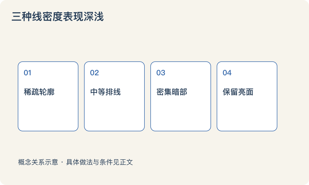 三种线密度表现深浅：稀疏轮廓；中等排线；密集暗部；保留亮面