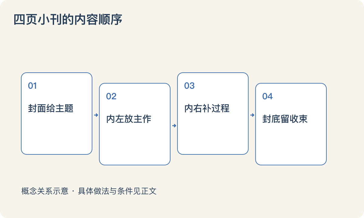 四页小刊的内容顺序:封面给主题;内左放主作;内右补过程;封底留收束