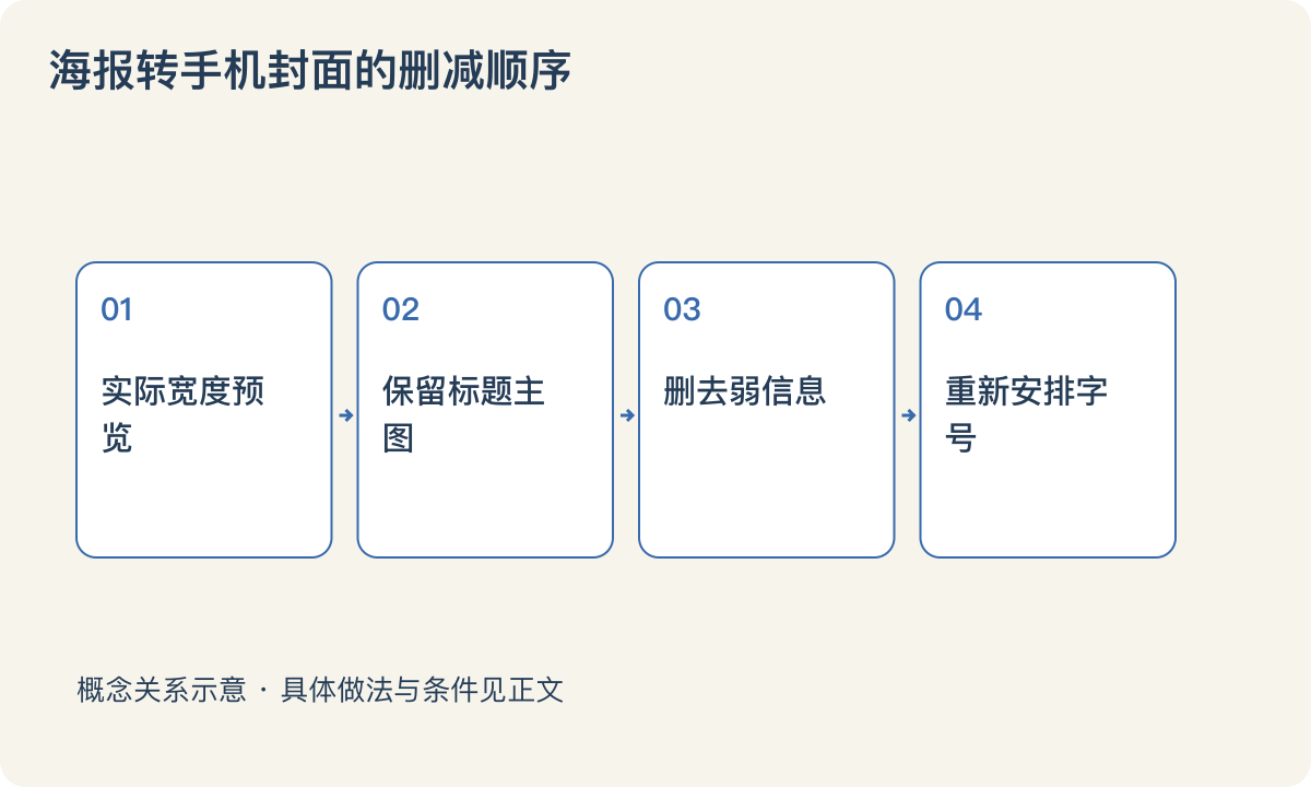 海报转手机封面的删减顺序:实际宽度预览;保留标题主图;删去弱信息;重新安排字号