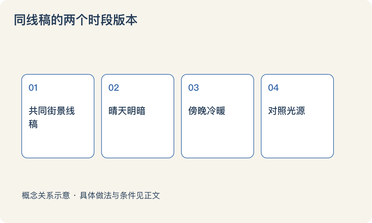 同线稿的两个时段版本：共同街景线稿；晴天明暗；傍晚冷暖；对照光源