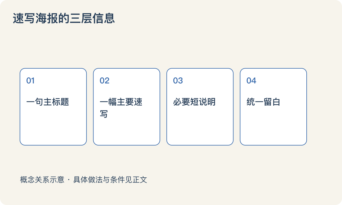 速写海报的三层信息:一句主标题;一幅主要速写;必要短说明;统一留白