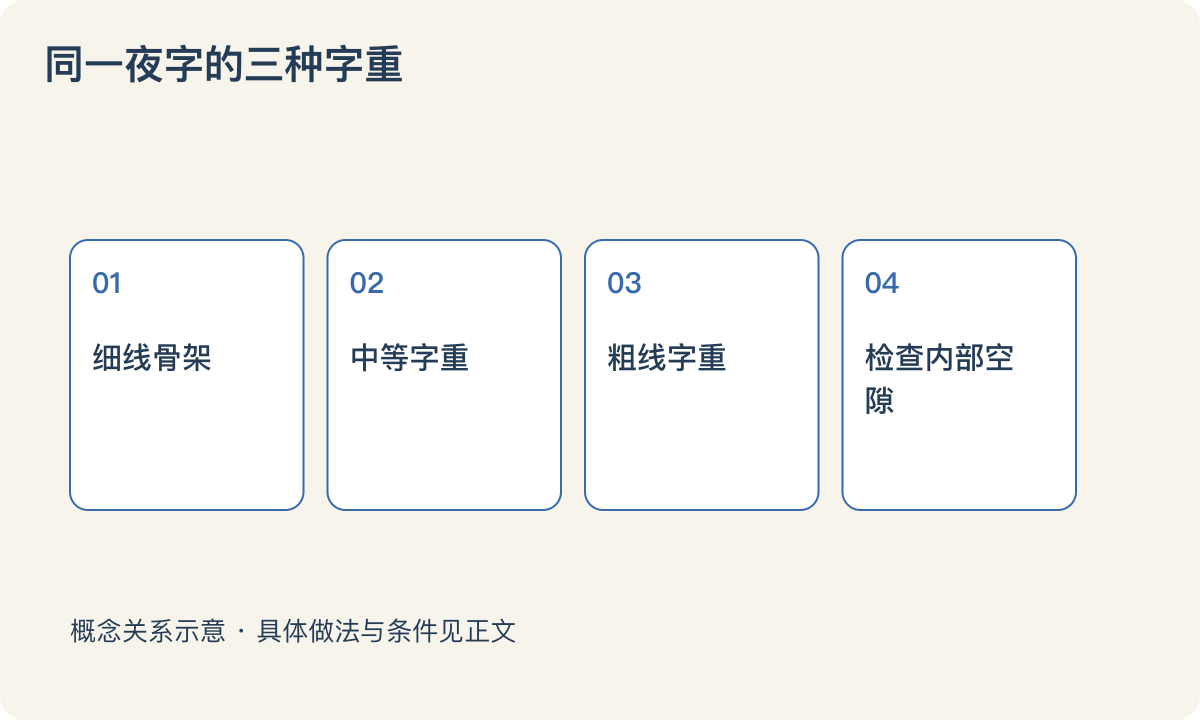 同一夜字的三种字重：细线骨架；中等字重；粗线字重；检查内部空隙
